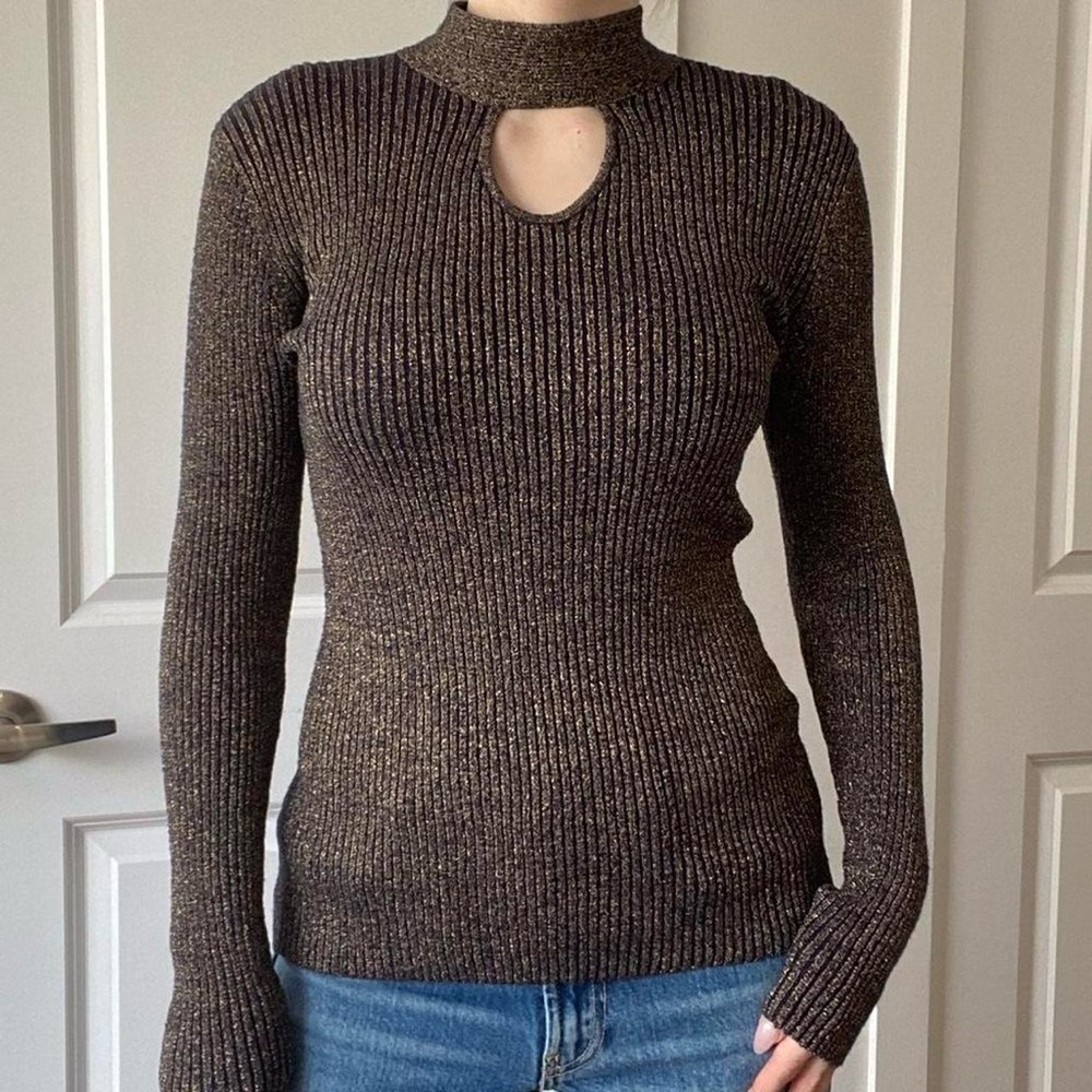 Belldini Black and Gold Ribbed Turtleneck Sweater